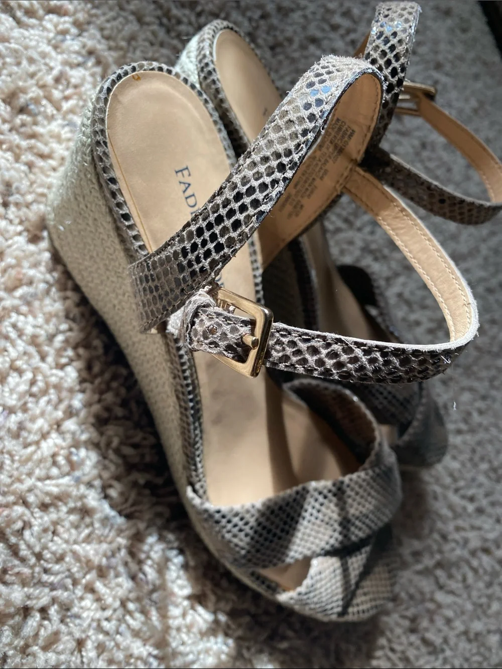 Faded Glory Snake-Print Taupe Ankle-Strap Wedge Sandals